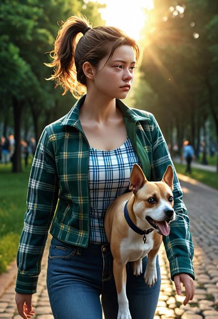 a young european woman, chubby, oval face, brown round eyes, snub nose, double chin, small lips, short brown hair, ponytail,
tight jeans, blue and white plaid shirt, green jacket, walking her dog, sunny afternoon, city park,
dynamic angle, hot summer evening, sunset, golden hour,
shallow depths of field,, masterpiece, 8k, ultra high res, ultra high detail, best quality, ultra detailed, realistic, highly detailed, trending artstation, award winning photograph by annie leibovitz, closeup photo, realistic, greg rutkowski, michael bayardashida, gustave dore alphonse, much craig mullins, matte painting, eugene de blake, cinematic, studio lighting, hyperrealistic, depth of field, bokeh, dof, beautiful, detailed, intricate, elegant, extremely smooth, digital illustration, epic conceptart, rendering, misty light, novel cover artwork, octane render, pixiv contest winner, yusuke murata,