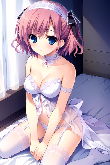 komine sachi, 1girl, masterpiece, best quality, pink hair, black hairband, blush, lingerie, white underwear, lace, lace trim, garter straps, garter belt, lace-trimmed legwear, bridal legwear, medium breasts, <lora:Komine_Sachi:0.7>