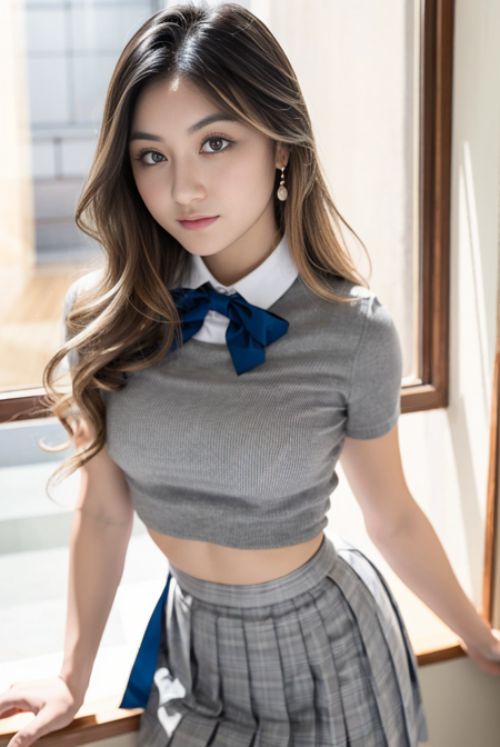 masterpiece, best quality, ultra-detailed, illustration, colorful, depth of field, 
calssroom, school uniform, white collared shirt, grey skirt, pleated skirt, 
,1girl, medium breasts, wavy hair,  detailed skin texture, detailed cloth texture, beautiful detailed face,
<lora:epi_noiseoffset2:0.85> <lora:ShannonnW:0.85>