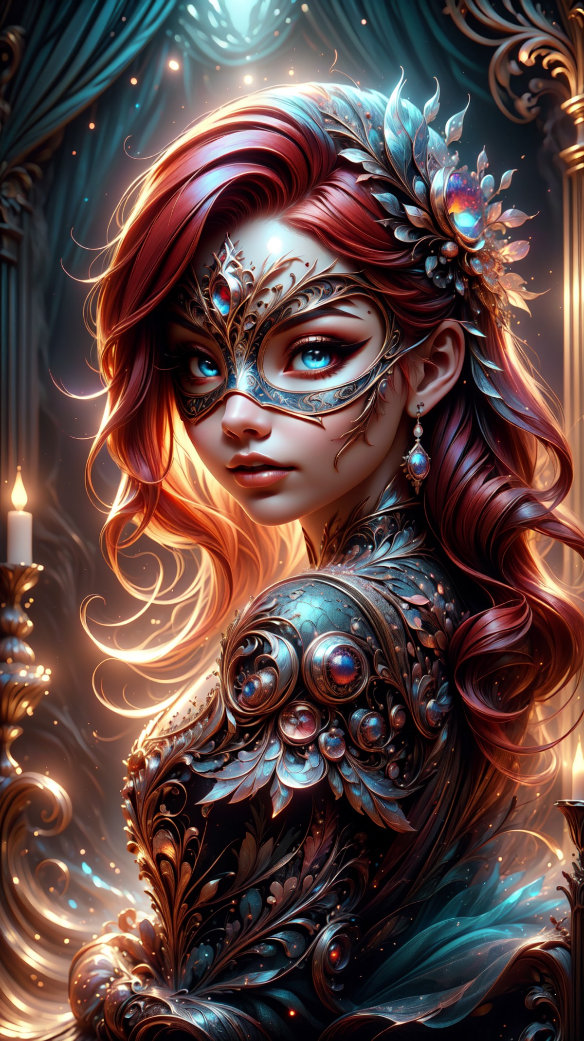 A beautiful woman at a masquerade ball, red hair, baroque theme, european, perfect eyes, (masqueurade:1.4), eye mask, extr...