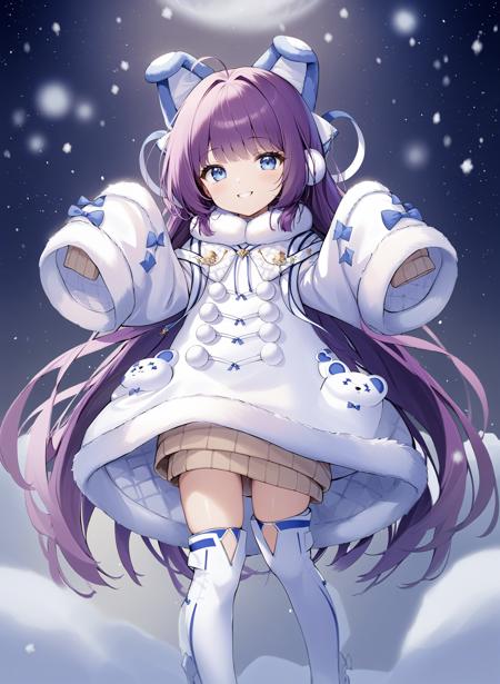 <lora:tashkent_xl_v1.1-000010:1>,tashkent,6 year old,purple hair,blue eyes,
brown sweater,white coat,fur trim,winter clothes,thigh boots,sleeves past fingers,hair ornament,fake animal ears,
smile,
snow,starry sky,