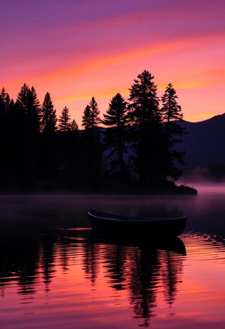 A serene lakeside scene at dusk, where the sky transitions from vibrant orange to deep purple hues. The water reflects the colors of the sky, creating a mirror-like surface. A lone rowboat gently floats on the water, surrounded by soft ripples. Tall pine trees line the shore, silhouetted against the fading light. Fireflies glow softly in the air, adding a magical touch. The atmosphere is peaceful and calm, with a gentle mist rising from the lake, blending with the distant mountains