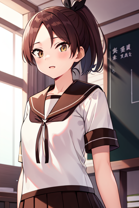 shikinamiKC, 1girl, solo,skirt, school uniform, ponytail, pleated skirt, serafuku, brown skirt, sailor collar,brown sailor collar,