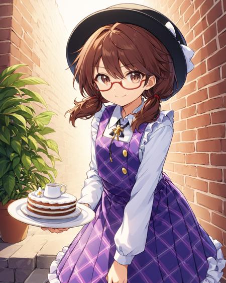 usami sumireko,1girl, solo, glasses, long_sleeves, smile, star_\(symbol\), teacup, low_twintails, bolo_tie, looking_at_viewer, holding_tray, cake, ribbon, under-rim_eyewear, black_headwear, hat_bow, white_apron, white_shirt, red-framed_eyewear, frilled_apron, white_bow, plant, brick_wall, plaid_skirt, cowboy_shot, plate, purple_skirt, adapted_costume, leaning_forward
<lora:usami_sumireko_image1686_2023-12-20-000014:1>,star-shaped_pupils,symbol-shaped_pupils,. gorgeous,key visual, vibrant, studio anime,award-winning, professional, highly detailed,high budget, cinemascope