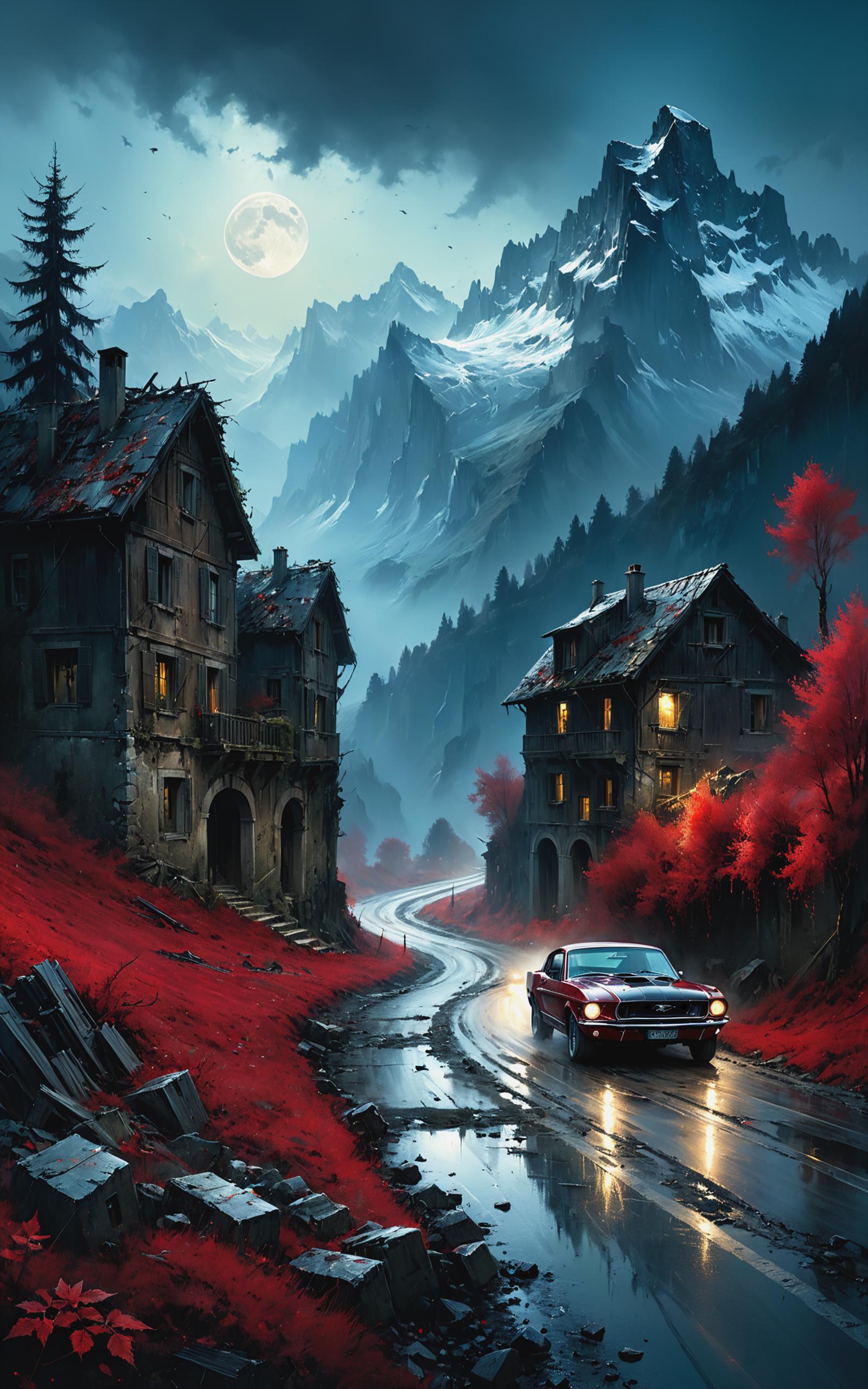 A painting of a car driving down a road in a mountainous area at night.