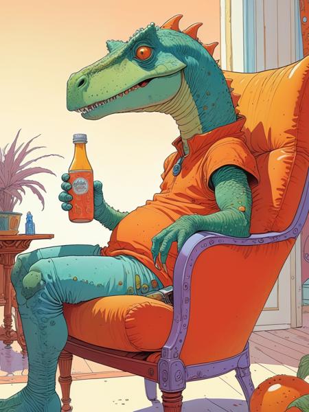 Moebius (Jean Giraud) Style page,  cartoon Cute dinosaur looking at viewer, reclining on a chair,holding a bottle of juce, side view, illustration,  vibrant,  (intricate details, masterpiece, best quality:1.4),     <lora:Moebius (Jean Giraud) Style:0.8>