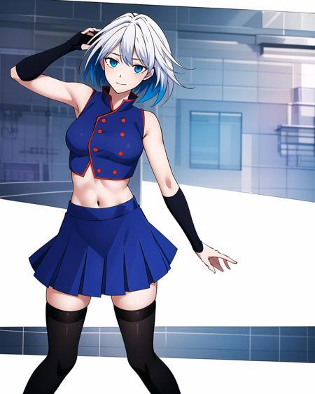 kaylakaslana, white hair, multicolored hair, blue eyes, blue sleeveless crop top with red edgings, midriff, blue skirt, zettai ryouiki, black tights, black boots, black arm sleeves