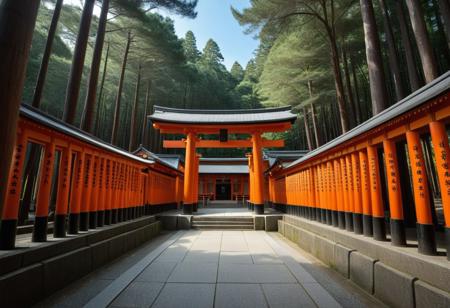 Very beautiful Fushimi Inari Shrine, Japan , a temple site, sunny blue sky background and large dense forest. Very realistic photography.