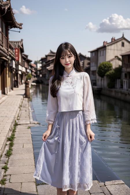 realistic, photorealistic, masterpiece, best quality, cns_dress, 1girl, solo, smile, long black hair, looking at viewer, cute, standing by a river, full body, detailed background, ancient chinese water town, blue sky, cloud, <lora:chinaDollLikeness_v10:0.7>, <lora:cns_dress_style1_v3:0.7>