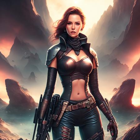 an attractive woman [gunslinger:bounty hunter:0.4] standing in a scifi wilderness (bitboats style:1) <lora:djzBitBoats_LB2:0.8>