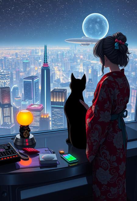 Jiji, the cat from Kiki's Delivery Service sits on a cluttered metal riveted desk with transparent top and rgb led computer components visible inside, On the desk are a maneki neko statue and a lava lamp, Jiji the Black Cat is looking out of a seamless and futuristic floor to ceiling window that looks out at a very high view from an apartment on the 400th floor of a futuristic Tokyo skyscraper, the year is 2250, The city has thousands of enormous wide and tall futuristic skyscrapers and space ships covered with lights in the sky, (((Kiki from Kiki's Delivery Service, 24 years old, is standing next to the cat looking out at the enormous city at night, filled with buildings of many shapes and sizes, some over a mile tall))), Kiki is dressed in an ornate Japanese style bath robe. An enormous starship with futuristic lighting and design is visible high above the city, and a space station is visible in the background among the stars, The woman's hair is messy from just waking up and tied up with a ribbon. Artistic cyberpunk, dynamic perspective, The focus is on Jiji and Kiki standing together looking out the window at the view together, (((overall architectural aesthetic is Art Deco Cyberpunk))).  Mt Fuji can be seen in the far distance,