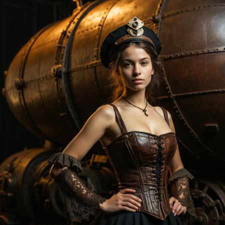 RAW full body analogue photo of a beautiful 20 years old woman, clear focus, 8K,__Random_Woman__,low light, soft natural light, Rembrandt style light, Hasselblad DLSR camera, 200mm Zeiss lens, f/2.8, ,Sexy pose, erotic pose, exhibitionism ,steampunk airship