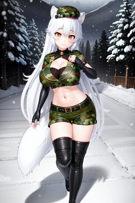 <lora:ArcticFoxKemonofriends_Hottkyokugitsune:0.7>,ARCTICFOX_military,
1girl,solo,masterpiece, best quality, high quality,delicate facial features,mishoujo,hyper_detail,game cg, finely detailed beautiful eyes and detailed face,lustrous skin,colorful
arctic_fox_(kemono_friends), white hair,long hair, animal ears,fox ears, fox tail, fox girl, long hair, hair between eyes, yellow eyes,
(camouflage:1.2), fingerless gloves, navel, green shirt, garrison cap, midriff, cleavage, thigh boots, belt, black gloves, black footwear, short sleeves, crop top, bangs, black thighhighs,shorts
(looking at viewer:1.3), (full_body:1.3),(standing:1.3),:3,blush,smile,closed mouth, 
(field:1.2),mountain,(blue_sky:1.2),(cloud),tree,(snowing:1.3),(snowflakes:1.4), (snow:1.3)