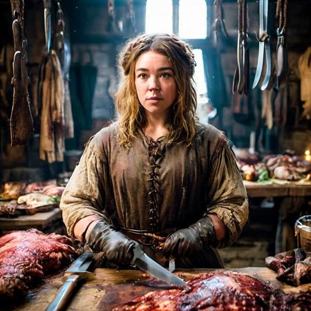 highly detailed candid photo of florence pugh as a medieval butcher:1.2,


shirt, looking at viewer, braid, gloves, solo focus, table, holding, knife, black gloves, 


masterpiece, best quality:1.1, realistic:1.3,
back lighting:1.2, dark medieval abattoir,

ultra photoreal, photorealistic:1.0, sharp focus:1.1, 
depth of field:1.1, 

50mm, style of Nathan Wirth, Hasselblad X1D II, Porta 160,
