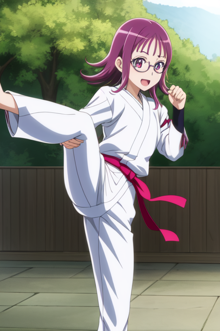 hojosakura, 1girl, solo, glasses, dougi, karate kick