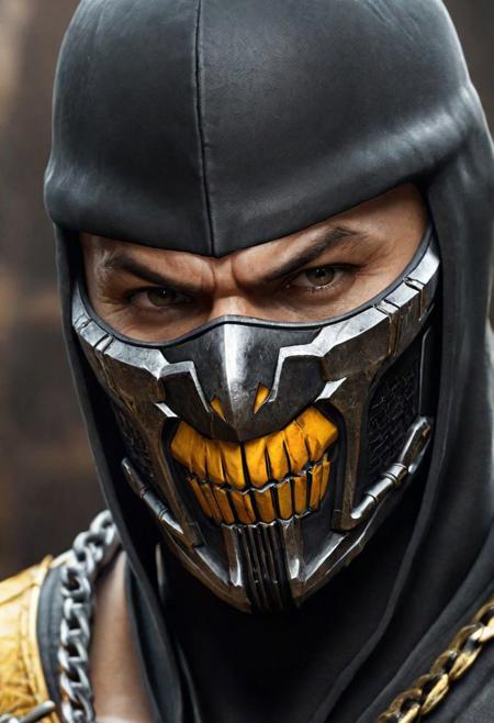 Intense close-up: A man embodying the iconic Scorpion from Mortal Kombat, wielding a chain with an imposing presence. Drawing inspiration from Mortal Kombat 11, this 4K digital artwork, currently trending on ArtStation, showcases the character's detailed design. The influence of Unreal 5 adds a dynamic touch to the menacing atmosphere. Paying homage to Goro and incorporating a ronin theme, this portrayal captures the essence of Mortal Kombat's distinctive style within the trending realms of ArtStation.