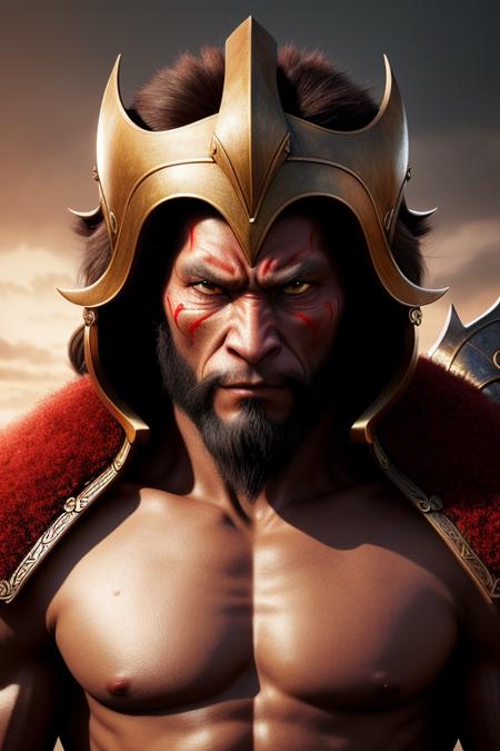 an extremely delicate and beautiful, extremely detailed ,CG ,unity ,wallpaper, (realistic, photo-realistic:1.37),Amazing, finely detail, masterpiece,best quality,official art, extremely detailed CG unity 8k wallpaper, absurdres,
Sun WuKong,Monkey King,Journey to the West,Scars on the face,Flame Battle Armor,red eyes,The King,extremely angry,looking at viewer,upper body, domineering appearance,ferocious expression,sharp eyes,viking helmet,50 years old,rough skin texture,There is a scar on the chest