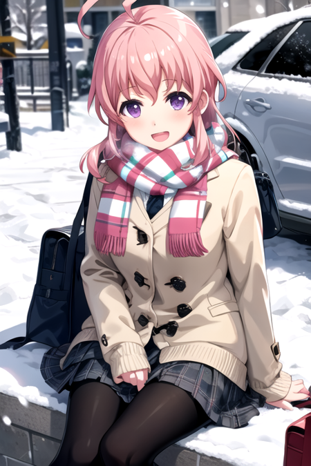 <lora:1Sakura-03:0.7>,sakuraptd, 1girl, solo, long hair, looking at viewer, blush, smile, open mouth, skirt, long sleeves, sitting, school uniform, purple eyes, jacket, pink hair, ahoge, :d, pantyhose, sidelocks, pleated skirt, outdoors, open clothes, miniskirt, bag, scarf, coat, sleeves past wrists, plaid, black pantyhose, sparkle, buttons, arm support, plaid skirt, cardigan, blue jacket, snow, grey skirt, school bag, snowing, winter, fringe trim, plaid scarf, green scarf