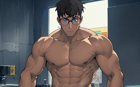 1boy,clark,mature male,blue eyes, black hair,glasses,  topless,((masterpiece)),((best quality)),8k,high detailed,ultra-detailed,anime,CG,{{Masterpiece, Best Quality, Extremely Detailed CG, Unity 8k Wallpaper }},
 <lora:clark-000010:0.8>