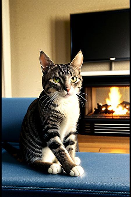 a cat smoking a cigar, sitting on black couch, fireplace,<lora:vhs:1>