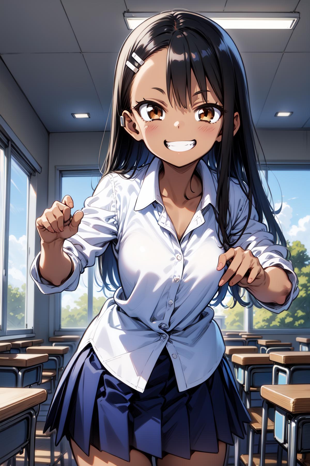 A cartoon drawing of a woman in a white shirt, smiling and pointing at the camera.