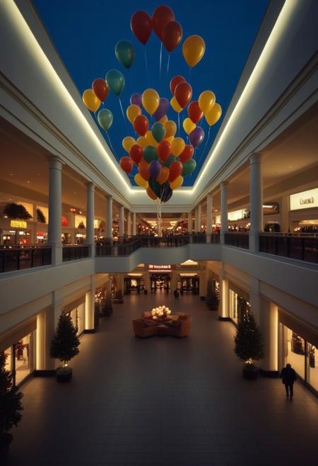 a photorealistic image, masterpiece, hires, amazing quality, shopping mall, dim light, balloons, scenery, long shot, wide shot, liminal, chill, unmanned, nostalgic, 1980's,