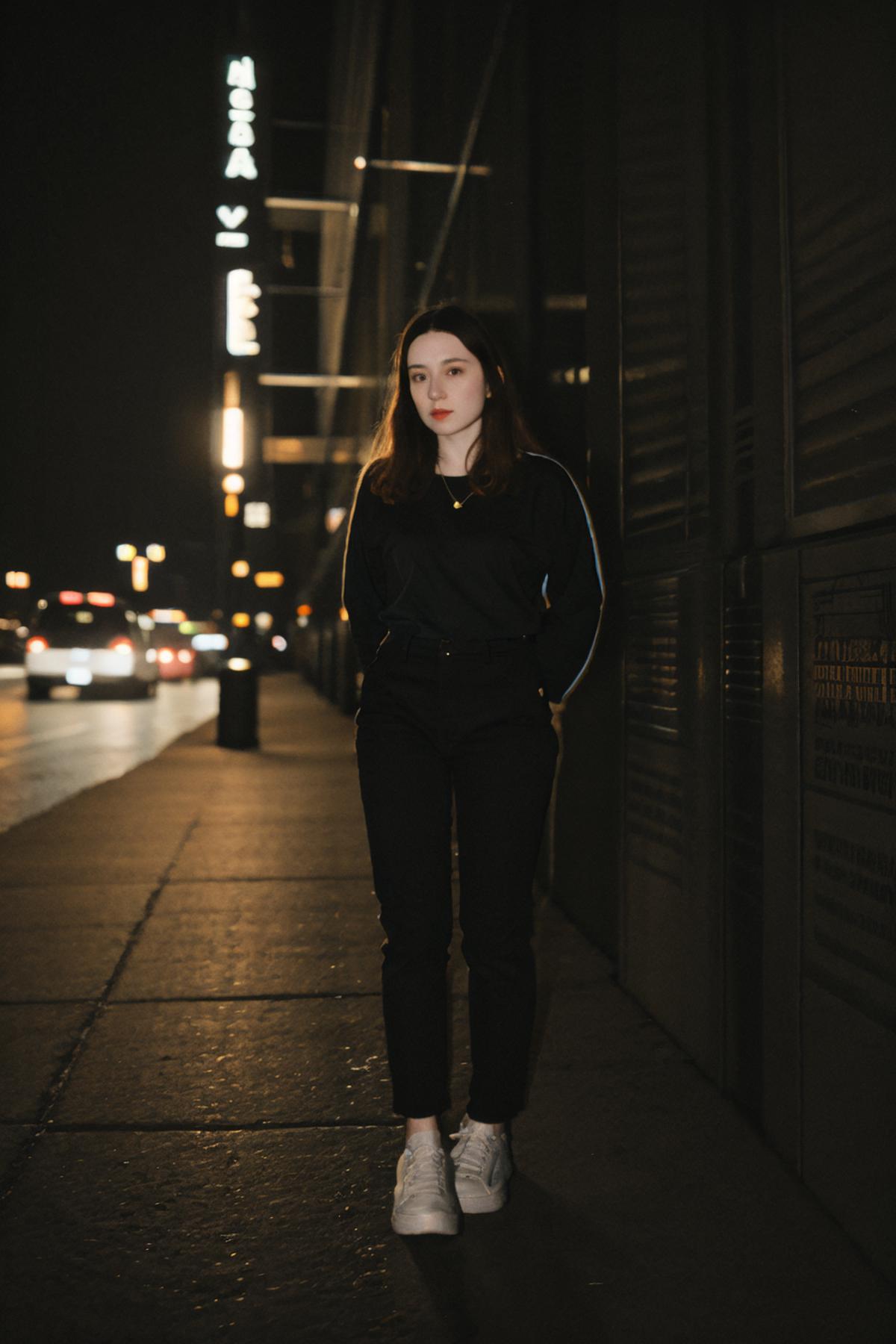A woman standing on a sidewalk at night.