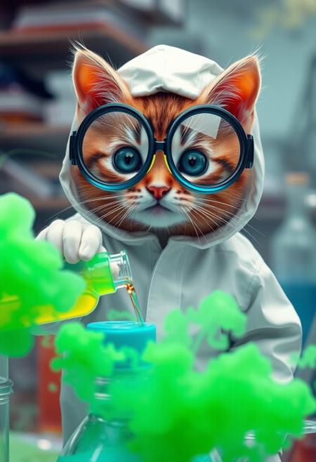 "Create a hyper-realistic image of a kitten in a white hazmat suit and oversized round safety goggles, pouring blue and yellow liquids into a vat. The goggles magnify the kitten's huge eyes to comically large proportions. A massive green smoke cloud erupts from the bottom of the image, blasting the kitten in the face. The kitten's expression is one of adorable, sheepish surprise. The background is a cluttered laboratory, visible through the swirling smoke." Highest-Quality, 4k, intricate details, visually stunning, Masterpiece