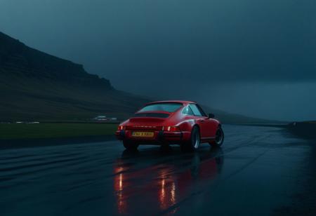 cinematic photo of the a Porsche 911 in Iceland, Dark ambiance, at night, downpour, thunderstorm, heavy rain.