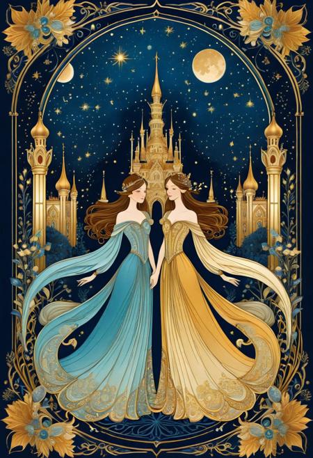 A fantastical, fairy tale illustration rendered with delicate linework, elongated forms, and ornate decorative detail. Figures appear ethereal and stylized, often dressed in flowing garments adorned with intricate patterns, set against enchanted forests, starry skies, or magical palaces. The composition is theatrical and highly composed, influenced by Art Nouveau and Orientalist aesthetics, with a dreamlike elegance that evokes myth, folklore, and wonder. The color palette features rich golds, deep blues, and pale pastels, enhancing the storybook mystique and otherworldly atmosphere.