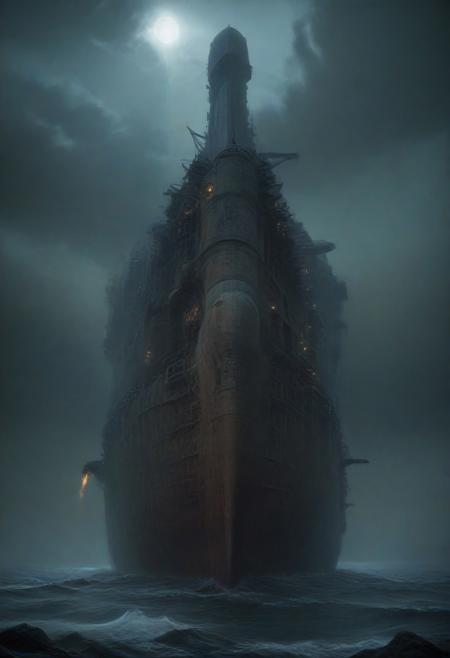 Bow of the ship, Looking up, dynamic angle, low angle, Wistful, Best quality, masterpiece, Stylish composition, gloomy lighting, moonlit night, surreal, Atmospheric perspective, An imposing (((Warship))) looms over the shot, colossal, immense, gigantic, monumental, formidable, massive, titanic scale, mechanophobia, megalophobia, derelict, calm sea glassy reflective, desolation