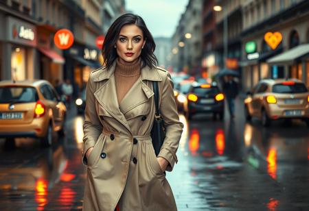 A stunning curvy white woman with piercing gray-blue eyes and dark, shoulder-length wavy hair, walking down a bustling European city street on a rainy afternoon. She wears a stylish, form-fitting beige trench coat draped effortlessly over her frame, with the top buttons undone, revealing a glimpse of a soft cashmere sweater beneath. Her deep red lips contrast beautifully against her flawless porcelain skin, and she carries a black leather handbag over one shoulder. Raindrops glisten on her coat as she steps carefully over a puddle, her black heeled boots clicking softly against the wet cobblestone. The blurred headlights of passing cars reflect in the shimmering pavement, creating a dreamlike cityscape behind her. Her gaze is confident yet slightly distant, lost in thought, exuding an aura of effortless elegance and mystery. The city around her is alive—bustling cafés, blurred figures walking under umbrellas, neon signs glowing softly in the drizzle. The rain-soaked scene is meticulously detailed, with realistic water reflections, perfect lighting contrast, and an immersive urban aesthetic. Ultra-HD 4K, hyper-realistic, cinematic lighting, extreme detail, sharp textures, wet reflections, dynamic movement, natural elegance.