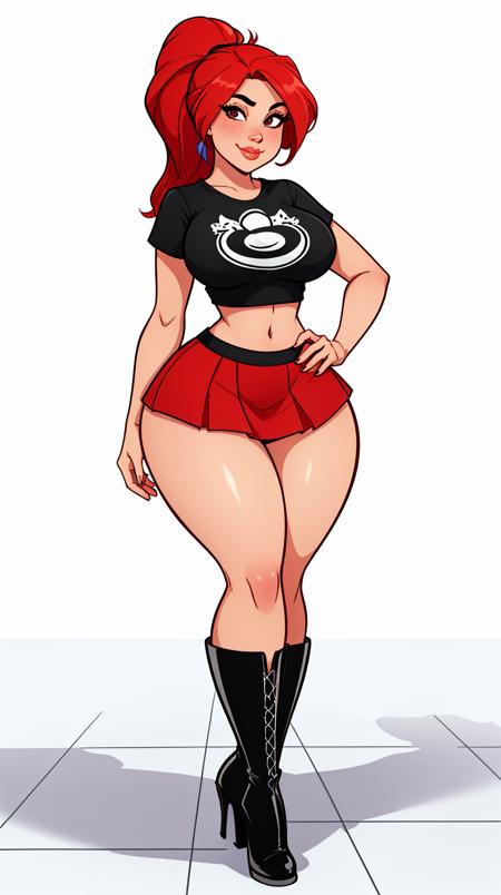 high detailed, masterpiece <lora:p3r3zstyle_v3:0.8> full body image of 1girl cartoon character, posing sexy, subtle smile, pouting, full lips, red hair, ponytail, brown eyes, perfect hands, big breast, wide hips, thick thighs, black tshirt, crop top, red skirt, black high heel boots, simple scene, white background, white wall, shinny floor, white floor,