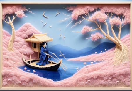 reate a photorealistic straw art illustration depicting a solitary woman in a traditional Japanese landscape, The central subject is a young woman wearing a flowing, indigo-dyed kimono adorned with intricate straw embroidery – the stitching itself is painstakingly rendered with layered straw pieces, A serene, still lake reflects a weeping cherry blossom tree, its branches laden with pink blossoms meticulously crafted from overlapping straw, A small, black wooden boat, constructed entirely from straw art, rests on the water, The scene is bathed in soft, diffused light, emphasizing the textural detail of the straw – from the snow’s dense, layered mosaic to the subtle ripples on the water, Focus on hyper-realism and the sculptural quality of the straw art, maximizing detail and creating a breathtaking, almost three-dimensional effect