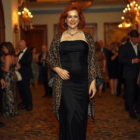 full body shot masterpiece portrait of a woman::1.4, Norman Rockwell style::1.2, realistic impressionist art::1.1,
(physical description: mature woman,red hair, light skin, confident posture, chubby build:1.1)
(facial features, expression: elegant, poised, subtle smile:1.0)
(clothing details: black strapless dress paired with a leopard print kimono-style jacket, black platform sandals:1.0)
(accessories: minimal or no jewelry, natural makeup for an evening gala look:0.9)
(background setting: evening gala event at, subtle crowd and venue details:0.9)
(lighting style: warm, soft evening event lighting, highlights on dress textures and jacket pattern:0.8)
(composition and camera framing: three-quarter length portrait, subject centered, slight angle to highlight outfit:1.0)
(emotional tone or theme: stylish, refined, celebratory mood:0.9)
(technical execution: oil painting texture, rich detail on fabric patterns and folds, balanced warm contrast:0.8)