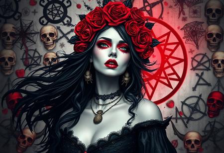 Create a gothic, vampire sorceress with a strikingly pale face, bold red eyeshadow, and blood-red lips. Her flowing, dark hair is interwoven with red roses, occult symbols, and spider webs, forming an elaborate headdress. Surround her with a chaotic backdrop of arcane symbols, skulls, and ritualistic markings, all painted in black, white, and red. A glowing circular sigil hovers behind her, casting an eerie red light. The scene should blend dark elegance with a sense of mystical power and gothic beauty.