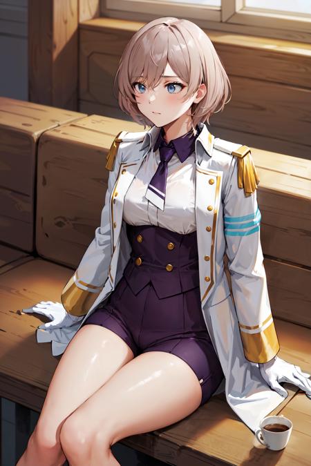 masterpiece, best quality, highres, mujina, solo, white gloves, necktie, purple shorts, short necktie, corset, white jacket, purple necktie, light brown hair, short shorts, long sleeves, open jacket, coat, bangs, <lora:mujina_v2:0.7>, sitting, cafe, cup,