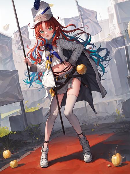 masterpiece, best quality, <lora:mtl (7):1>, Myrtleuniform, holding flag, dynamic angle, a fluttering flag, hat, multicolored background, dynamic color, colorful, effect, full body, clear sky, hand on hips,