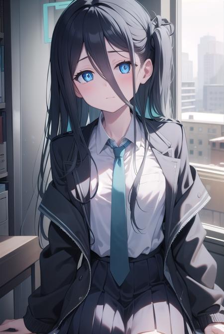 bluearchivearis, <lyco:bluearchivearis-lyco-nochekaiser:1>, 
aris, black hair, blue eyes, hair between eyes, halo, long hair, one side up, hair ribbon, (flat chest:1.2),
BREAK necktie, blue necktie, jacket, skirt, school uniform, white shirt, collared shirt, black skirt, white jacket, long sleeves,
BREAK looking at viewer, 
BREAK indoors, classroom,
BREAK <lyco:GoodHands-beta2:1>, (masterpiece:1.2), best quality, high resolution, unity 8k wallpaper, (illustration:0.8), (beautiful detailed eyes:1.6), extremely detailed face, perfect lighting, extremely detailed CG, (perfect hands, perfect anatomy),