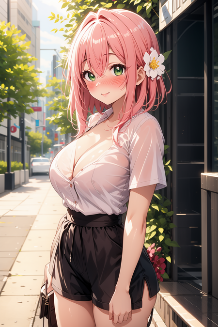 1girl, solo, BREAK outdoors, street, looking at viewer, (masterpiece:1.2), best quality, high resolution, unity 8k wallpaper, (illustration:0.8), (perfect hands, perfect anatomy), (blush:1.5), shiny hair, shiny skin, standing, large breasts, white shirt, oversized shirt, dolphin shorts, high waist shorts, arms at side, hanazono hakari, short hair, pink hair, hair between eyes, hair flower, hair ornament, green eyes