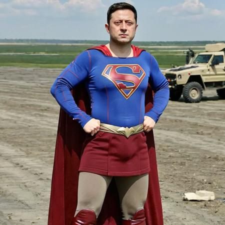 full-length full-body photo of zelenskyy ohwx man wearing supergirl outfit with cape