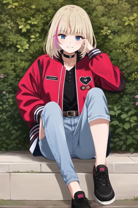 masterpiece, best quality, ultra-detailed, ray tracing, perfect lighting, (shiny skin:1.2),<lora:Kawai_rika:1> Kawaii_R ,1girl,solo, blue eyes, blonde hair, multicolored hair, streaked hair, black shirt, red  jacket, letterman jacket, open jacket,choker, shoes, pants, belt, denim, jeans, black footwear, black belt, smile, outdoors,