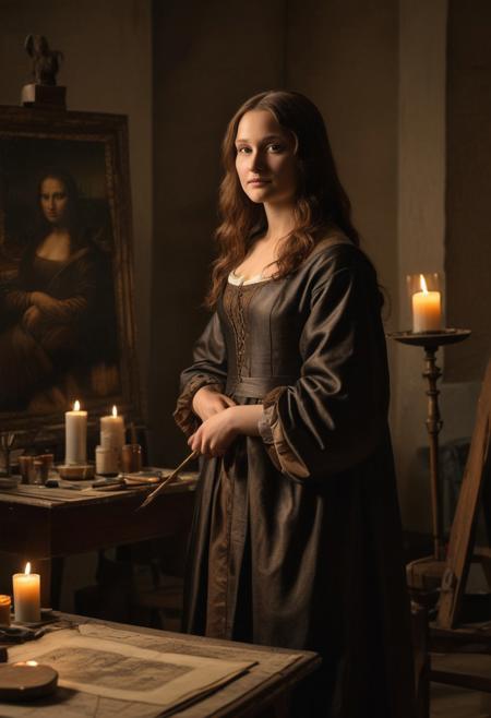 (((masterpiece picture, Leonardo da Vinci while painting Mona Lisa in his painter studio, in Florence 1300 a.d.))). He's in front a beautiful Mona Lisa with her famous subtle smile. Twilight warm and calm atmosphere. Many paintings and painter tools in the background. Wide angle lens, ((low angle shot)), ((full figure shot)), perfectly detailed scene, extreme realism. ((Characters illuminated only by warm soft candle light, dark shadows)), artistic framing, low saturation, low contrast, ((soft focus)). Establishing hot.