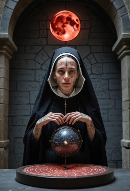 1girl, astronomer nun, Her face bears the symmetrical scars of ritual markings that correspond to specific constellations. Eyes perpetually dilated as though permanently adjusted to darkness. One side of her head shaved to accommodate a metal plate embedded in her skull, inscribed with astronomical calculations., Tonsured hair in the traditional monastic style, exposed scalp is tattooed with microscopic text., Eyes contain multiple rings of color in the iris, with pupils that contract into unusual shapes., Adaptable observatory attire with layers that can be added or removed according to temperature fluctuations during long night vigils. Cape lined with reflective material to prevent light contamination during astronomical observations. Collar houses thin metal plates inscribed with emergency banishing formulae., Crouching., Ritual chambers with walls covered in astronomical calculations. Lighting comes from moolit windows, Dutch angle., Isolation., Color Palette, Slate gray, oxidized bronze, blood moon red, void black, Medieval monastic architecture (Mont-Saint-Michel, Skellig Michael) overtaken by cosmic dread