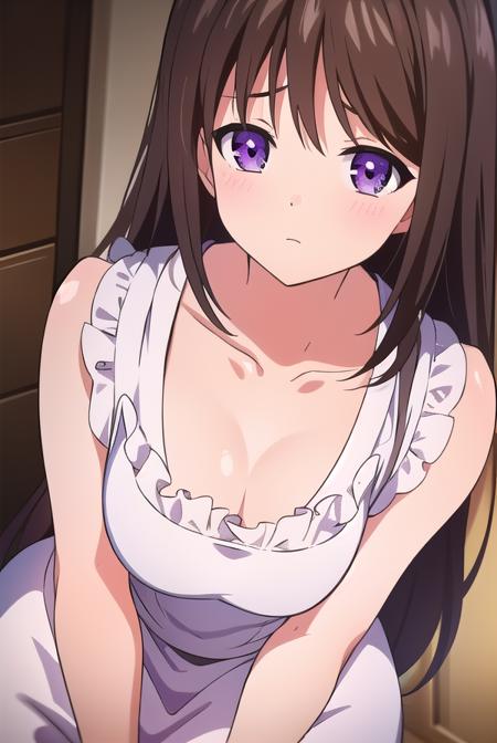 marina akizuki, long hair, brown hair, (purple eyes:1.1), dress, ribbon, collarbone, short sleeves, white dress,