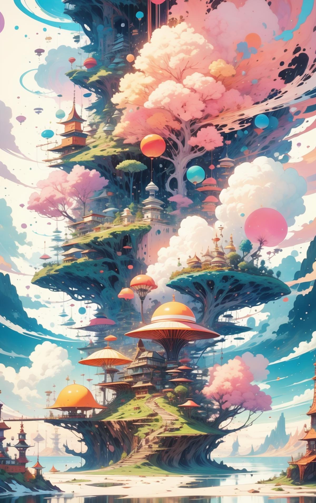 A beautifully detailed colorful painting of a fantasy land with a castle, mushrooms, and floating islands.