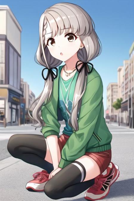 Hisakawa Nagi, 1girl, grey hair, twintails, braid, thighhighs, shorts, outdoors, sneakers, long hair, low twintails, jewelry, shoes, bangs, jacket, solo, shirt, brown eyes, day, building, sky, braided bangs, long sleeves, street, necklace, :o, sign, green shirt, kneeling, city, hair ribbon
  <lora:hisakawa-v2.0-r1:1>