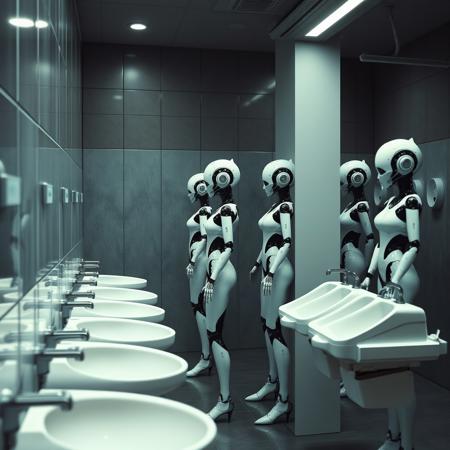 bathroom, public bathroom, female androids lined up in front of the public toilets, sexy robot androids, sexy curvaceous, lineup, urinals,