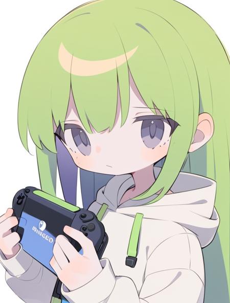 1girl, solo, green hair, long hair, purple eyes, hood, holding, long sleeves, handheld game console, looking at viewer, hoodie, upper body, bangs, closed mouth, white hoodie, holding handheld game console, hands up, hood down, sleeves past wrists, white background, nintendo switch, sidelocks, puffy long sleeves<lora:daizu2-07:1>