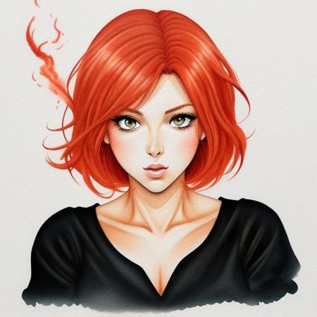 Watercolor
Beautiful girl redhead anime style. Anime style. Smoking. Mature content. Black, white, red, orange colors. Shapes and dynamic in background Outlines -- --